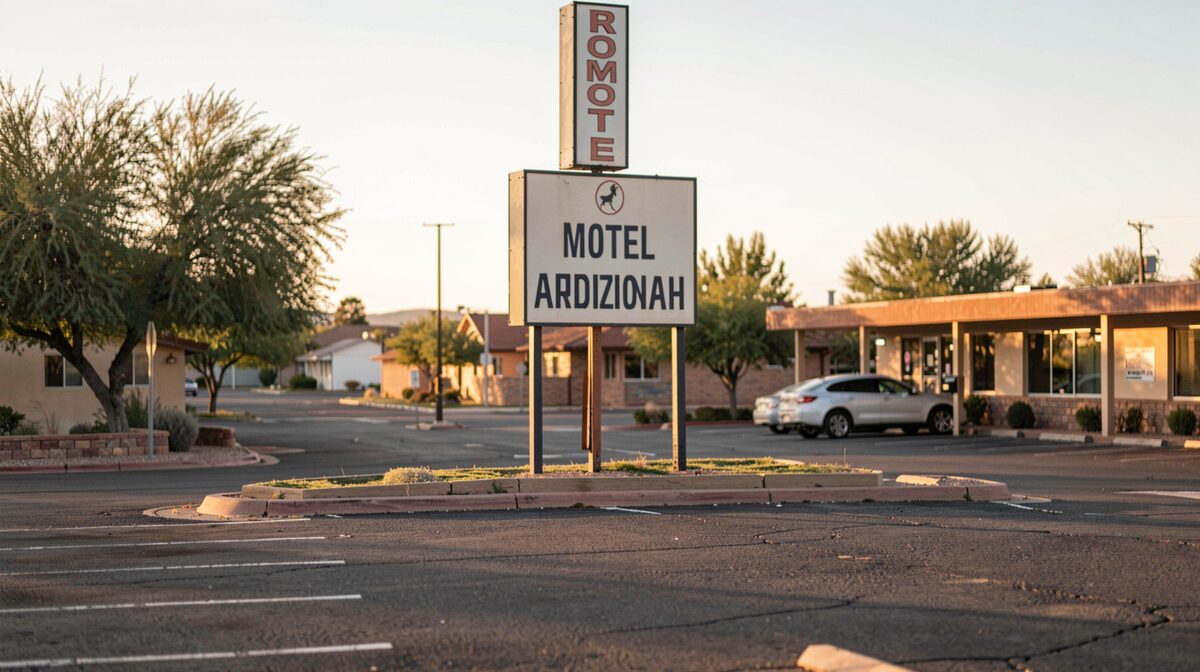 A modest roadside motel sign and parking lot in northern Arizona at late afternoon, shot straight on from across the street with warm low sunlight.