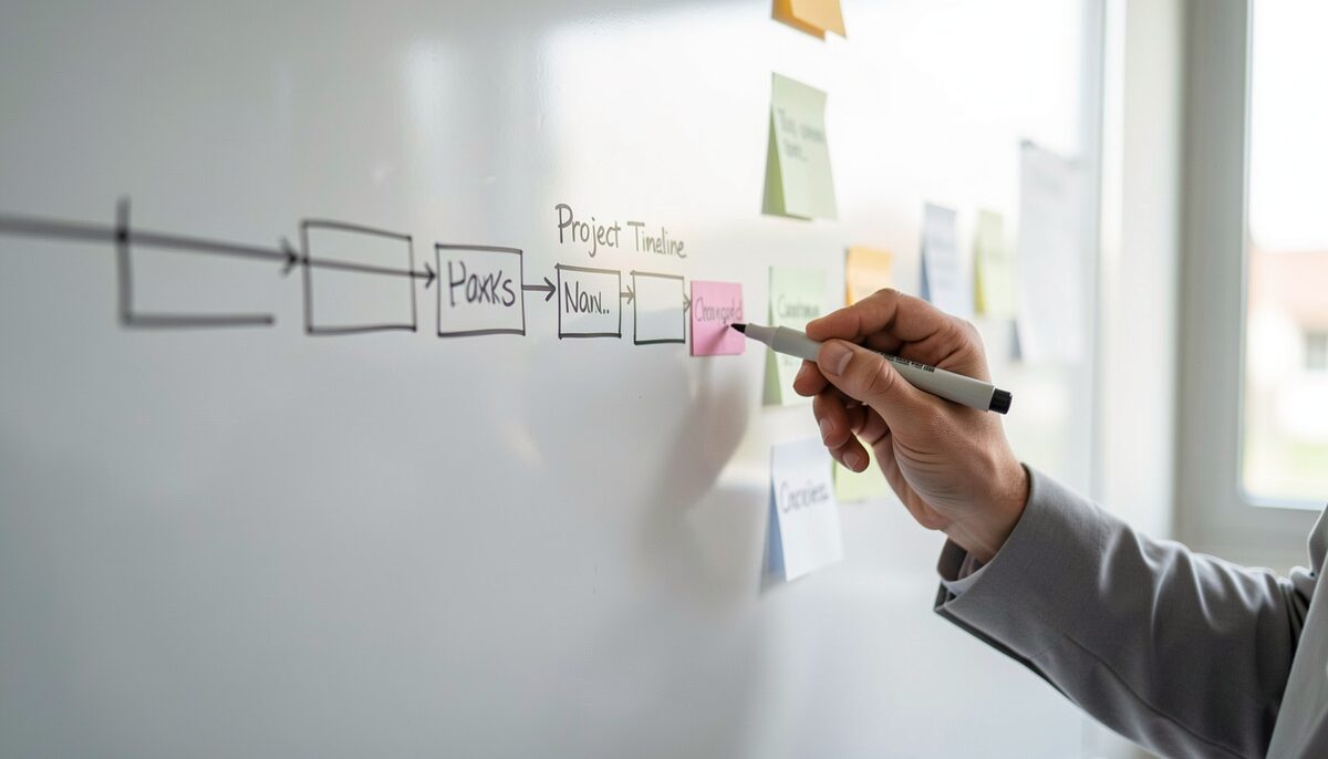 A hand marks a revised task on a project timeline. Illustrative image, generated with AI.