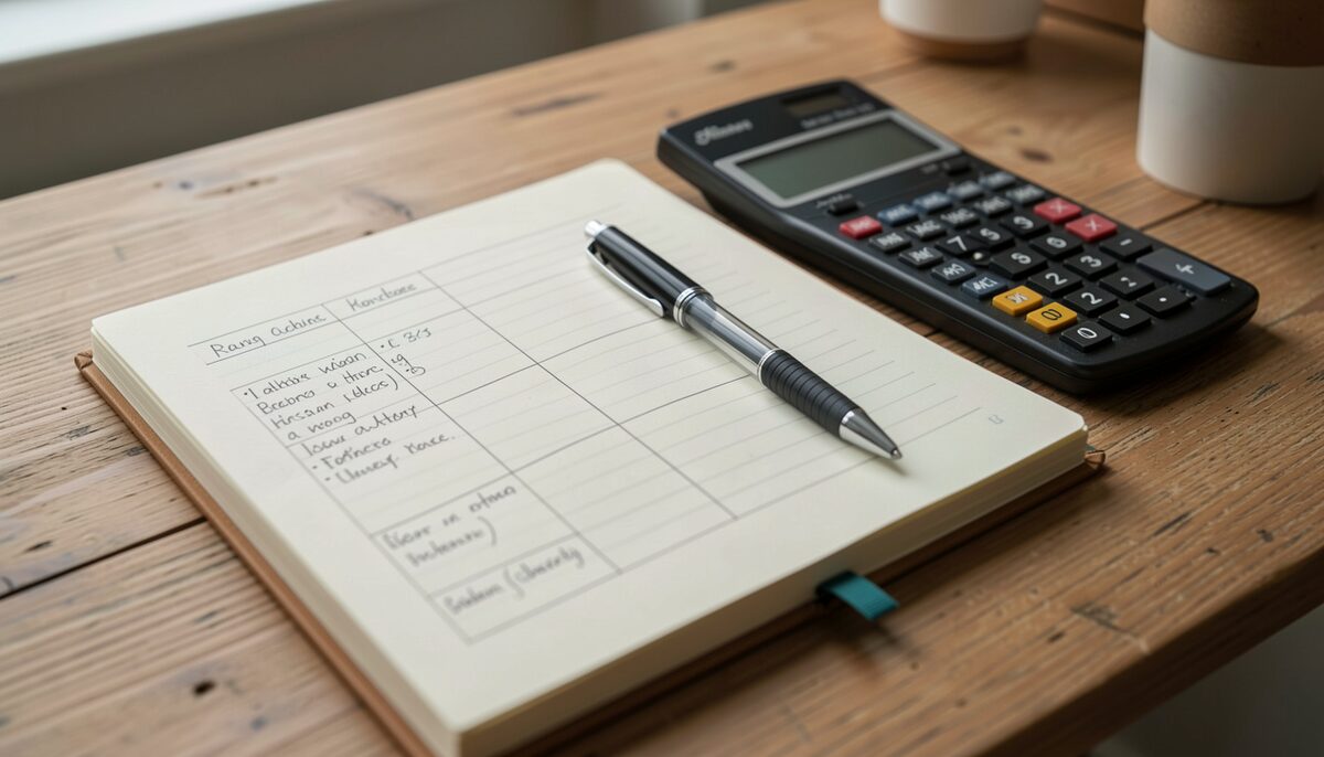 Weighing hourly billing against fixed fees, with a calculator and notebook.  Illustrative image, generated with AI.