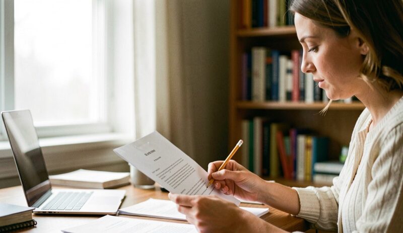 A woman at a home office desk reading a stapled printed contract with a pencil in her hand, seen in side profile, soft window light, a bookshelf softly blurred behind her