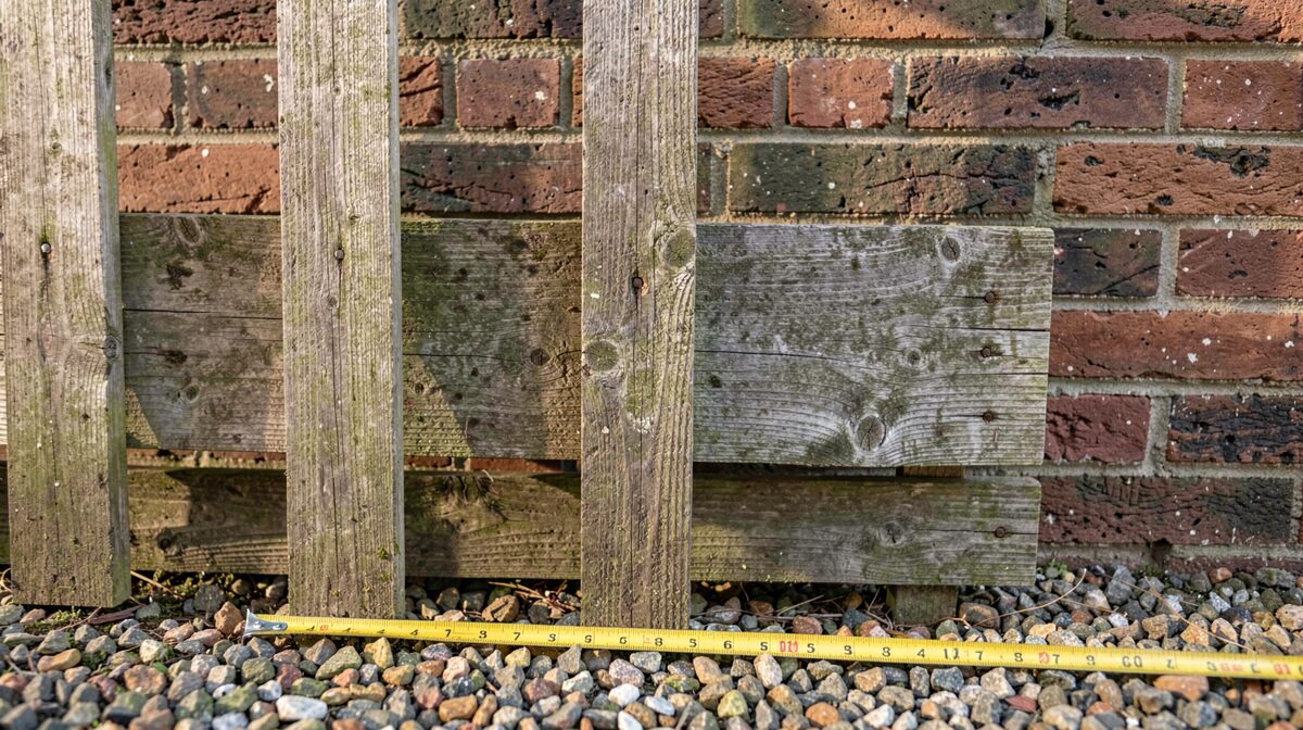 A close up of a weathered wooden garden fence panel against a brick wall in soft morning light, framed straight on with a tape measure resting on the gravel below.