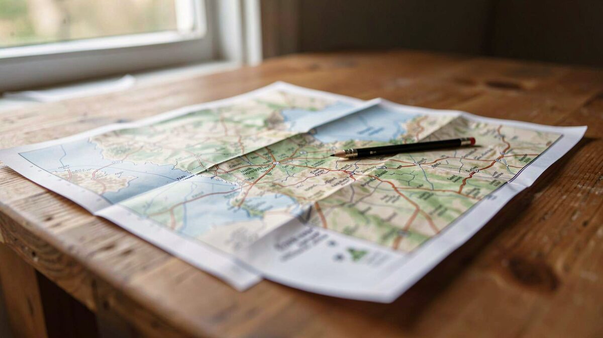 A folded paper map of the Cévennes on a wooden desk, morning light from a side window, framed close on the map and a pencil.