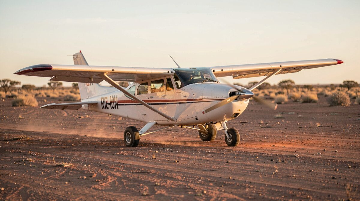 A small propeller aircraft parked on a dusty outback airstrip at golden hour, viewed from the side in medium shot, warm side light on the fuselage.