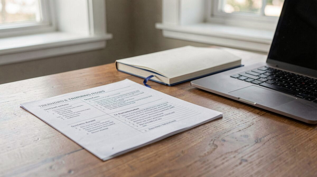 A consultant's desk with printed training outlines, a notebook and a laptop, morning window light, close framing.