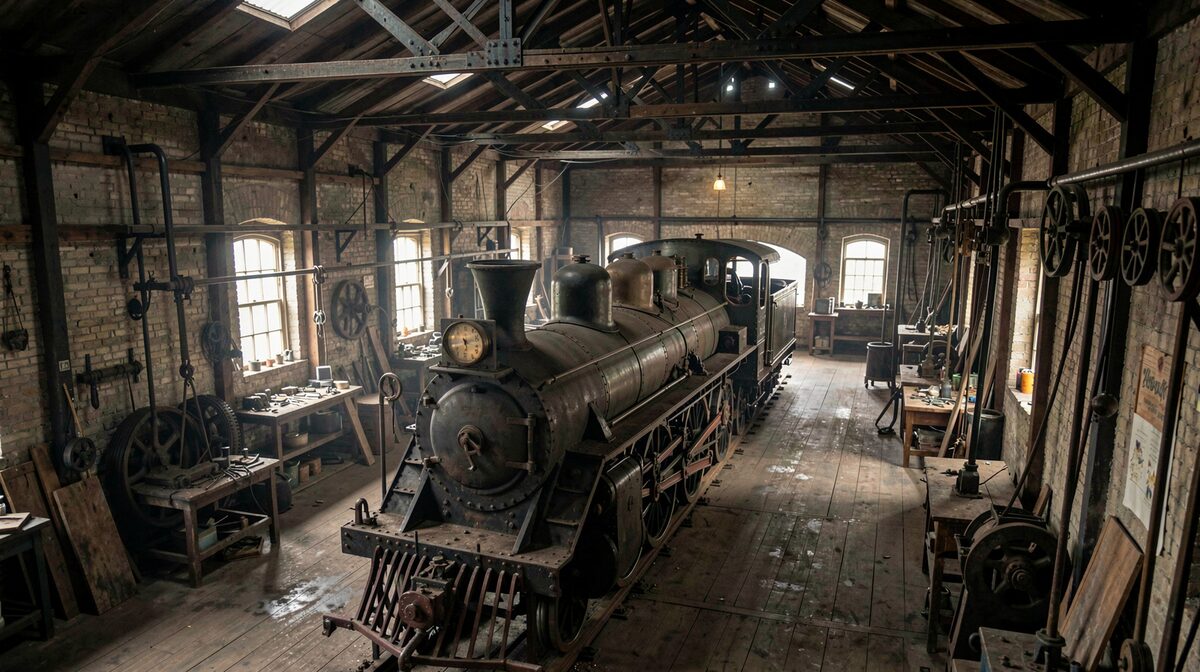 A dimly lit Victorian erecting shop with a partially assembled steam locomotive on the floor, iron roof trusses overhead, shafts and belts along the walls, photographed in low natural light from a high angle.