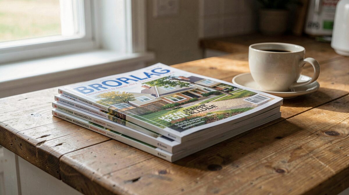 A stack of neighborhood magazines on a wooden kitchen table beside a coffee cup, morning light from a window, close crop on the top cover.