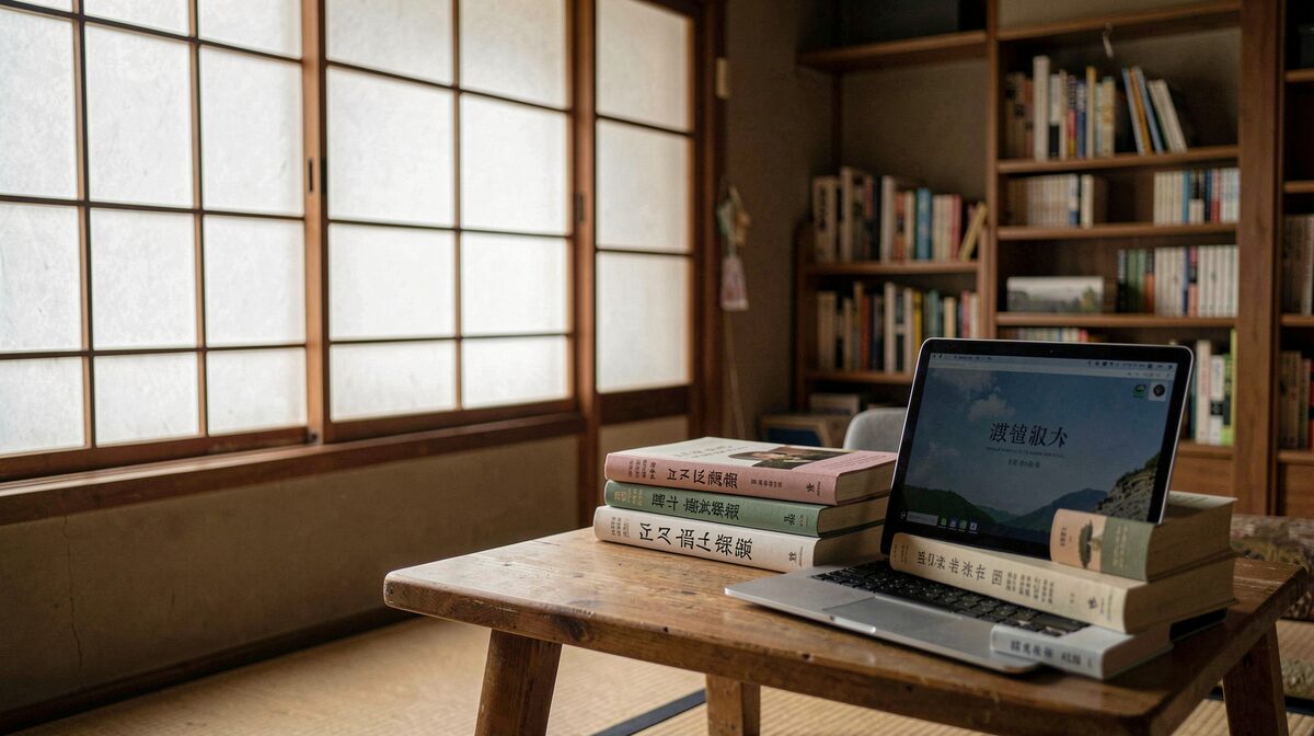 A quiet reading room in Himeji with a laptop open beside stacked local history books, soft morning light through a paper window.