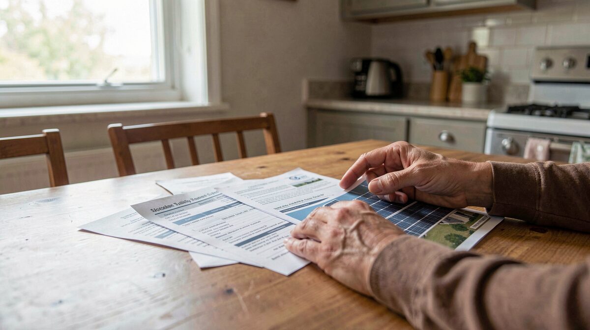 A homeowner at a kitchen table with printed utility bills and a rooftop solar brochure, morning light through a window, close framing on hands and papers.