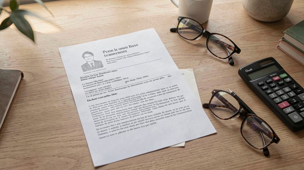 A tidy desk with a printed French tax notice, a calculator and reading glasses, lit by soft morning window light, shot from above.